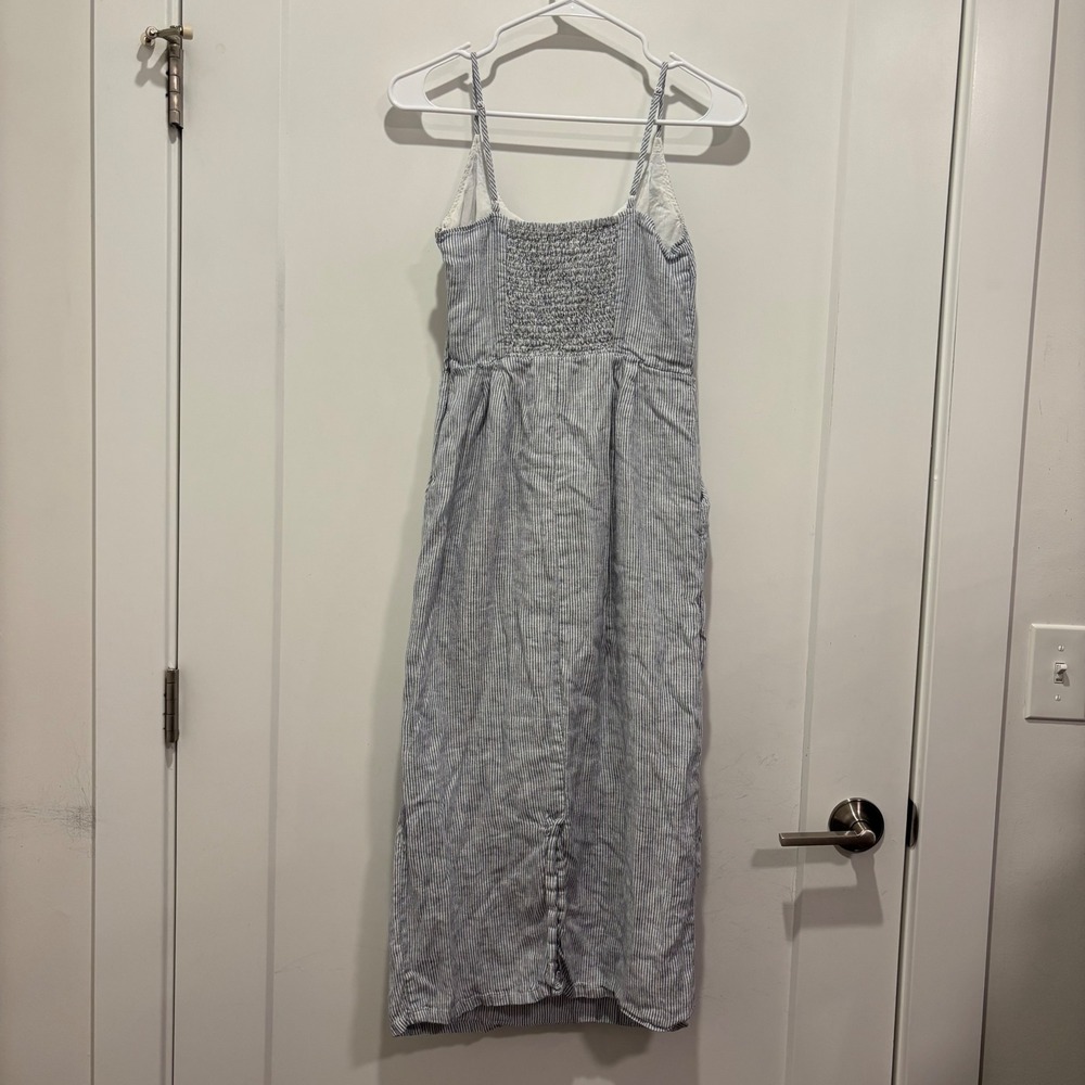 Quince Linen Striped Midi Dress Blue White Smocked Back XS - Picture 4 of 6